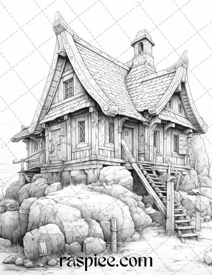 40 Viking Houses Grayscale Coloring Pages Printable for Adults, PDF File Instant Download