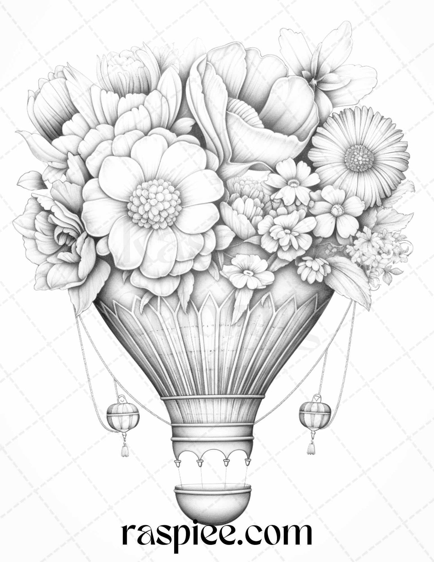 42 Flower Hot Air Balloons Grayscale Coloring Pages Printable for Adults, PDF File Instant Download