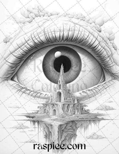 40 Surrealism Eyes Grayscale Coloring Pages Printable for Adults, PDF File Instant Download