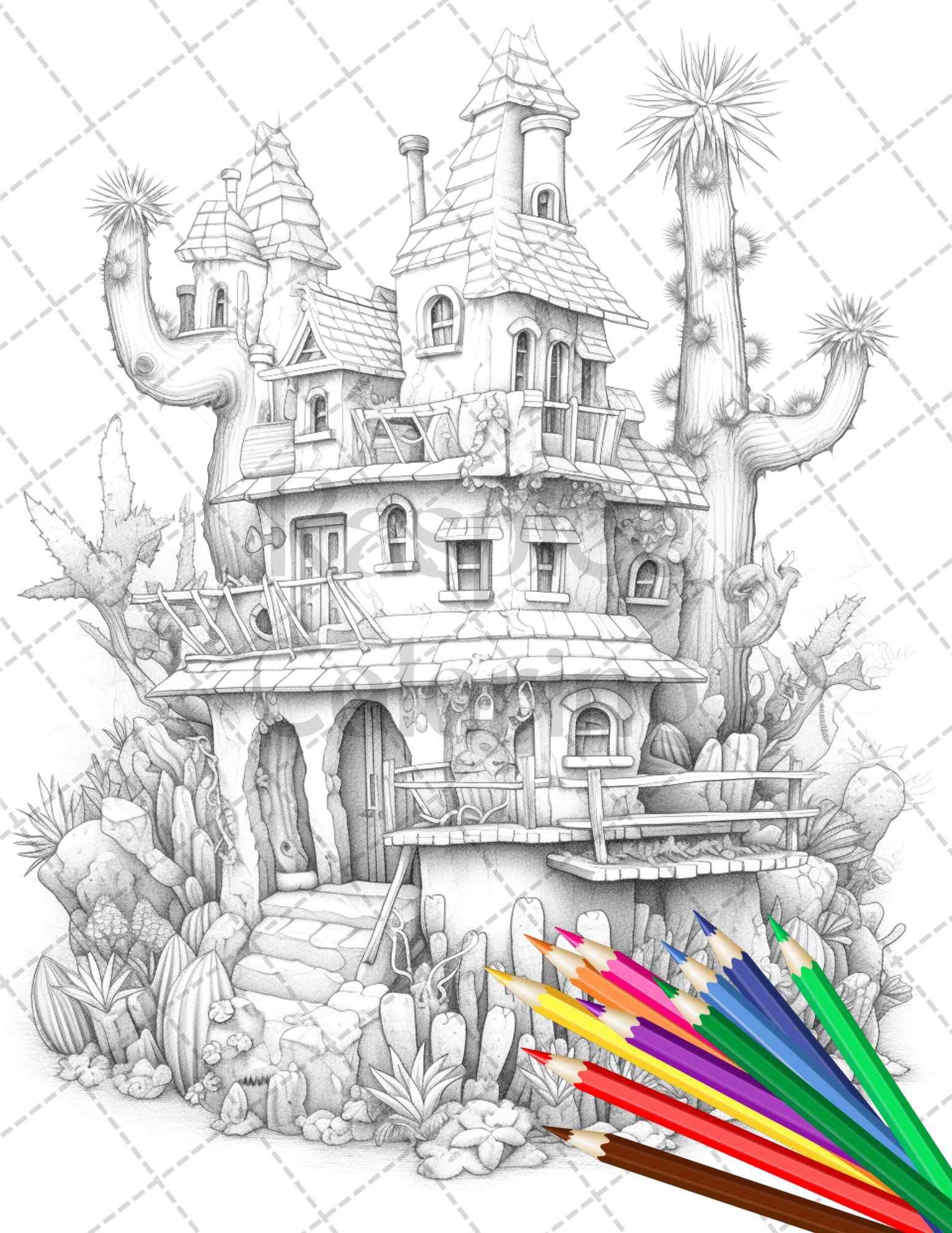 46 Fantasy Cactus Houses Grayscale Coloring Pages Printable for Adults, PDF File Instant Download