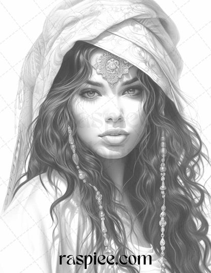 40 Beautiful Gypsy Girls Grayscale Coloring Pages Printable for Adults, PDF File Instant Download