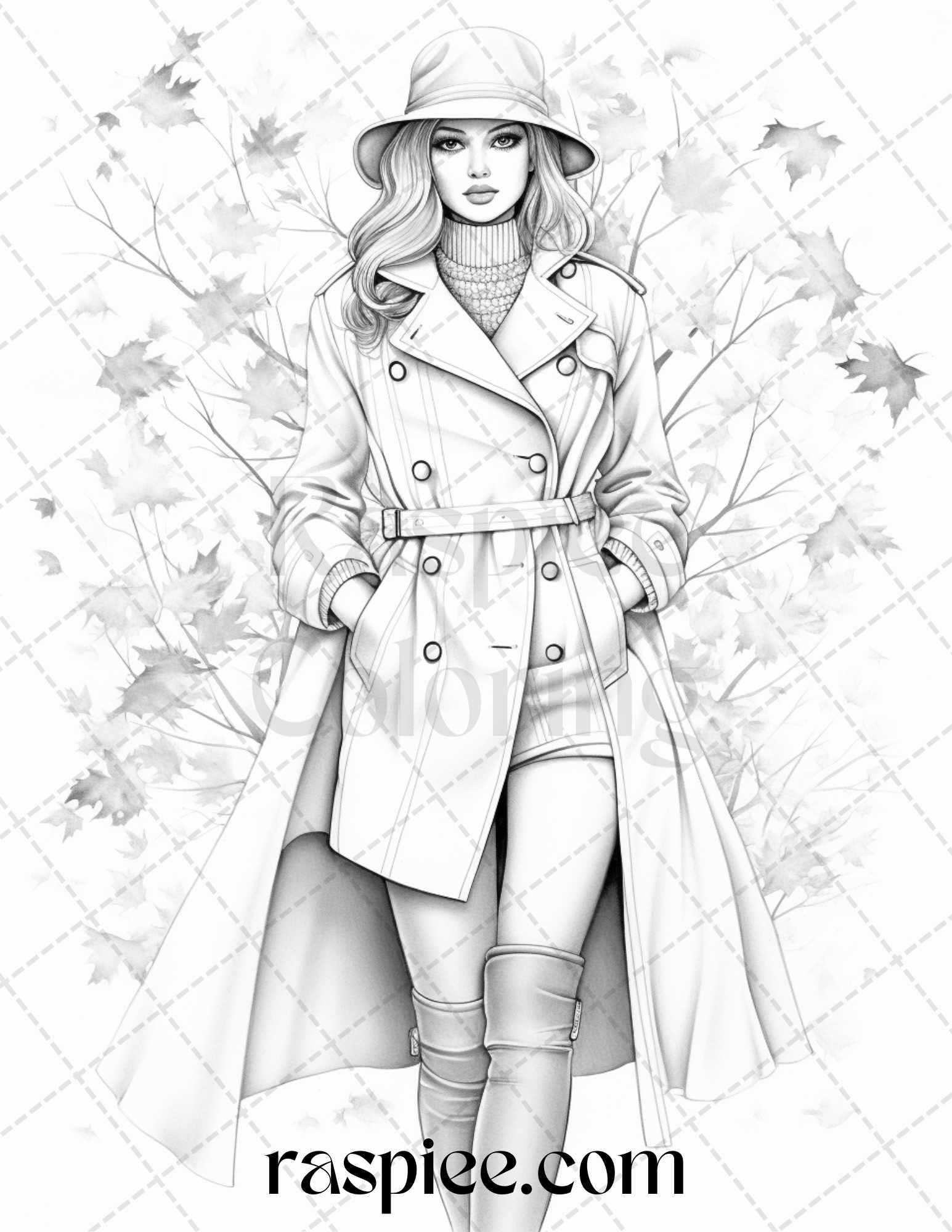 40 Fall Fashion Grayscale Coloring Pages for Adults, Printable PDF File Instant Download