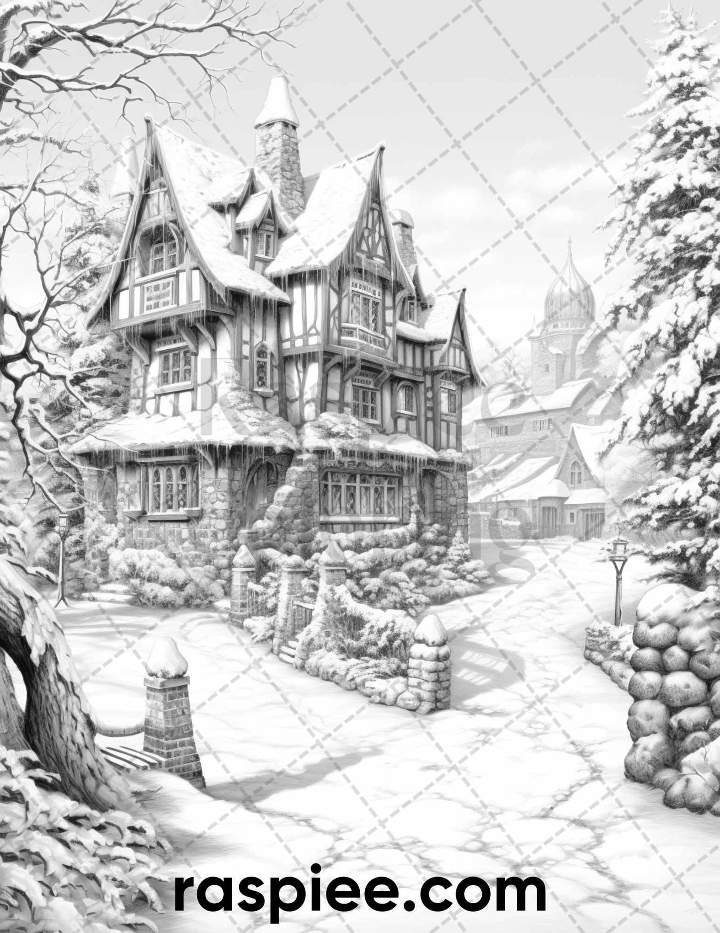 40 Fantasy Winter Village Grayscale Coloring Pages for Adults, PDF File Instant Download