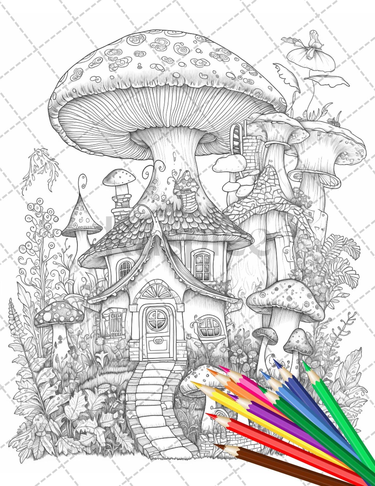 32 Whimsical Mushroom House Coloring Pages for Adults, Grayscale Coloring Book, Printable PDF File Download