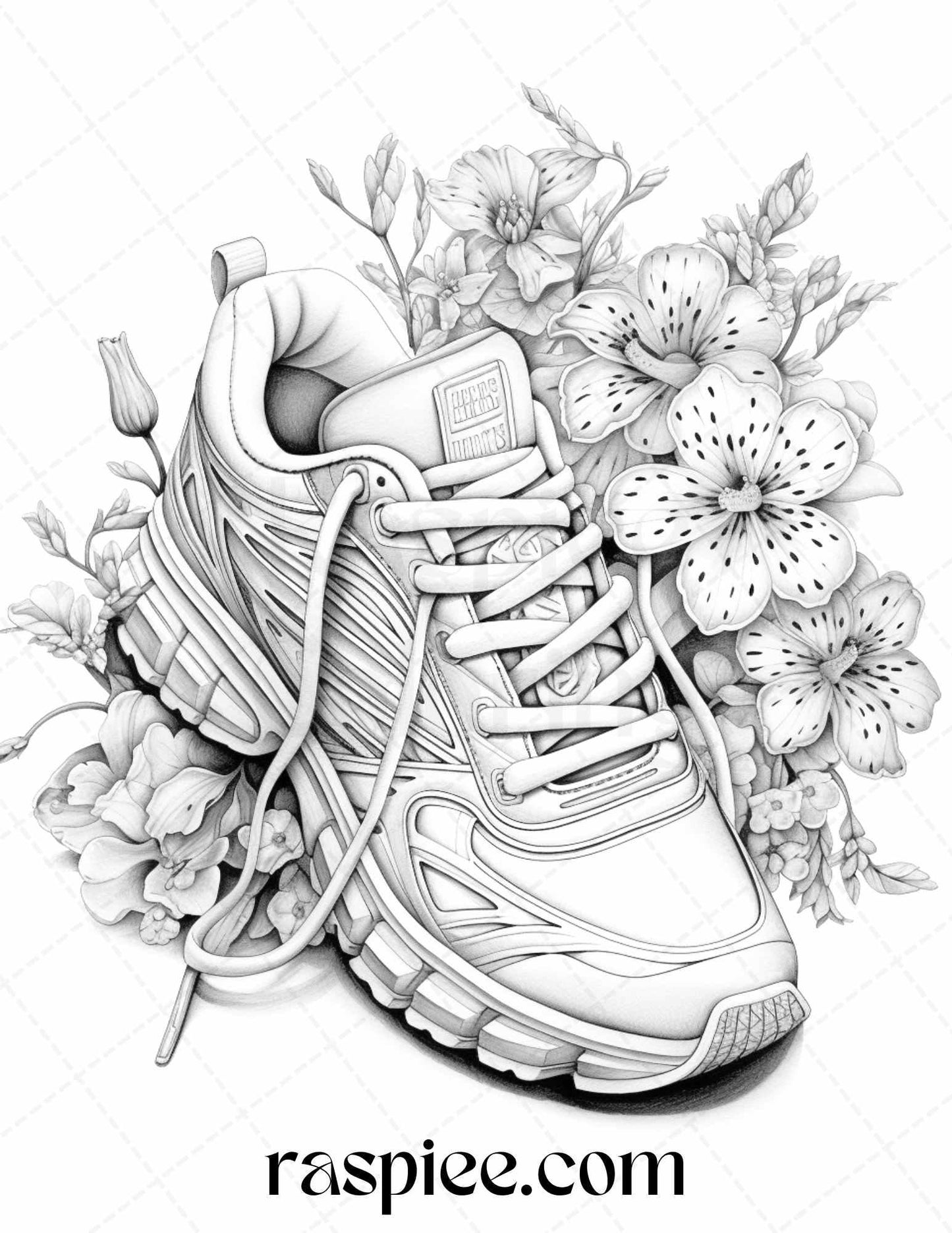 40 Flower Sneakers Grayscale Coloring Pages Printable for Adults, PDF File Instant Download