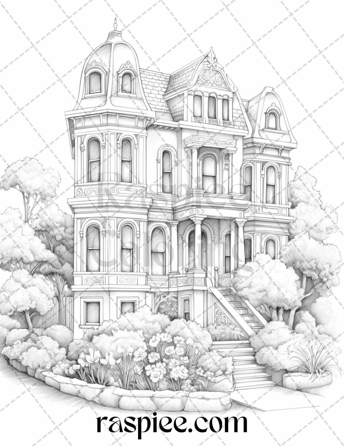 40 Victorian Houses Grayscale Coloring Pages Printable for Adults, PDF File Instant Download