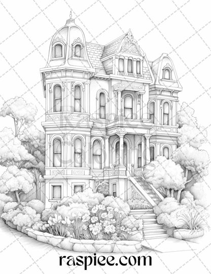 40 Victorian Houses Grayscale Coloring Pages Printable for Adults, PDF File Instant Download