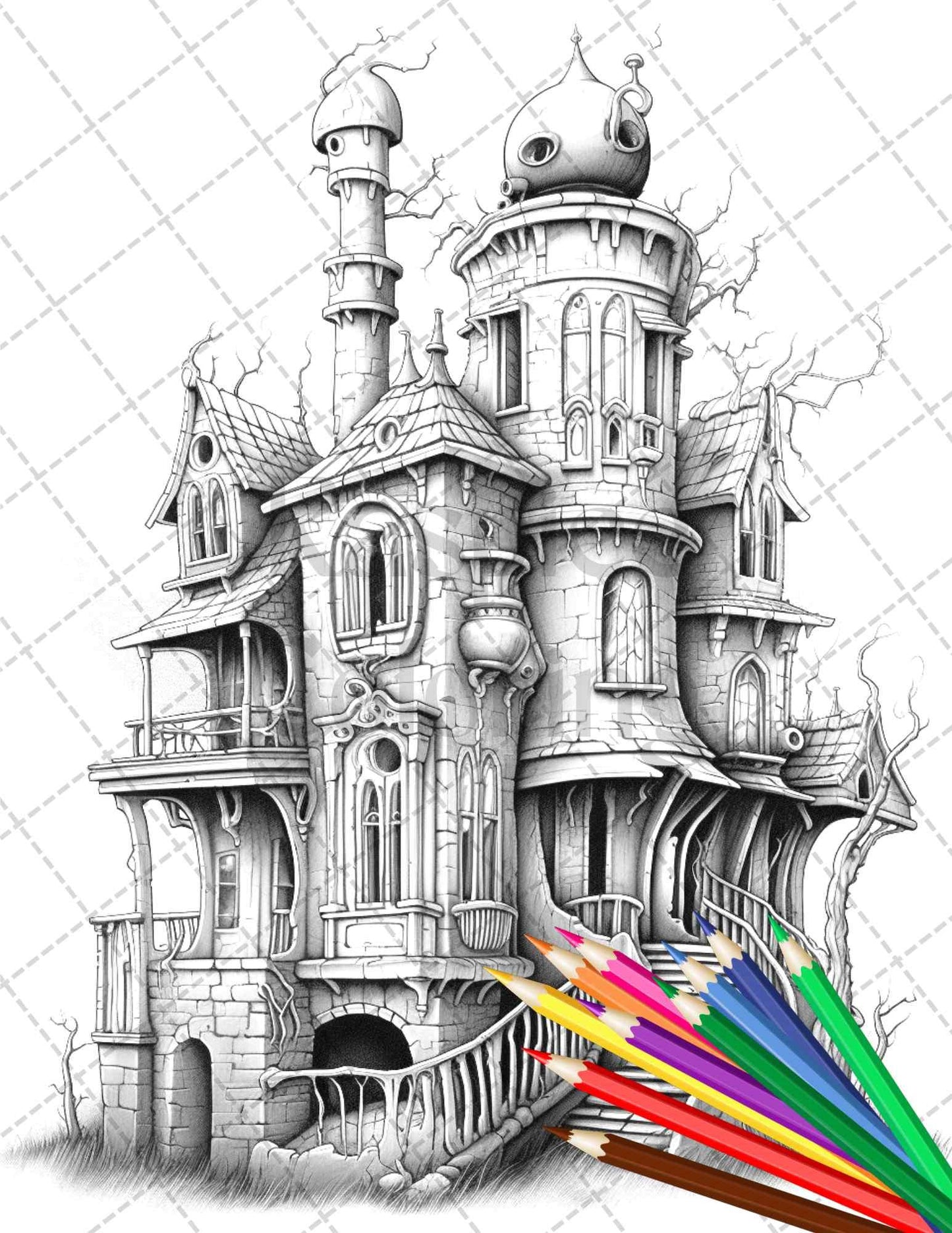 40 Creepy Gothic Houses Grayscale Coloring Pages Printable for Adults, PDF File Instant Download