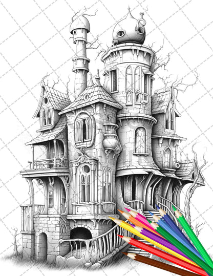 40 Creepy Gothic Houses Grayscale Coloring Pages Printable for Adults, PDF File Instant Download