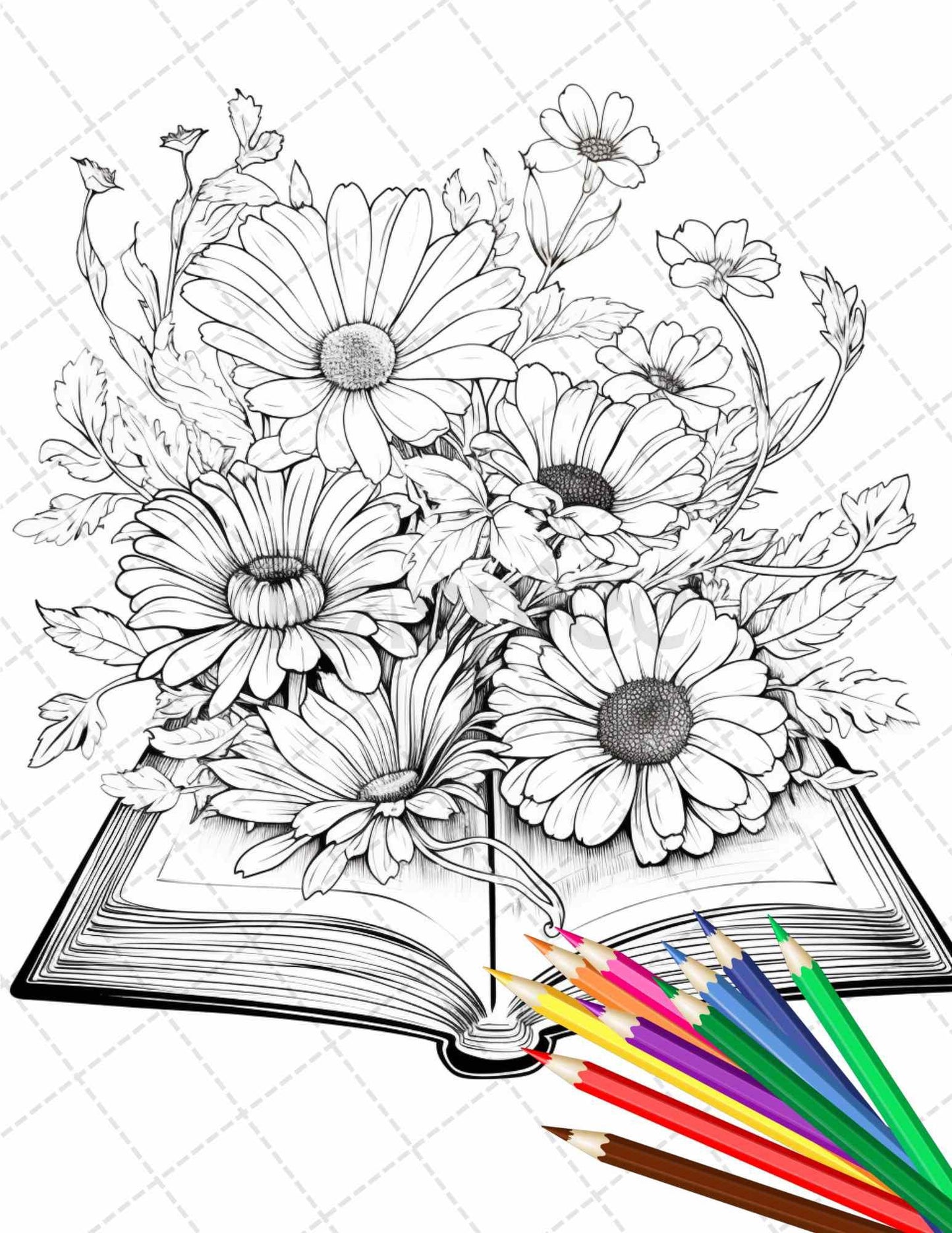 31 Book Flowers Coloring Pages Printable for Adults, Grayscale Coloring Page, PDF File Instant Download