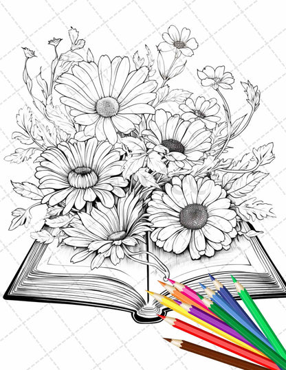 31 Book Flowers Coloring Pages Printable for Adults, Grayscale Coloring Page, PDF File Instant Download