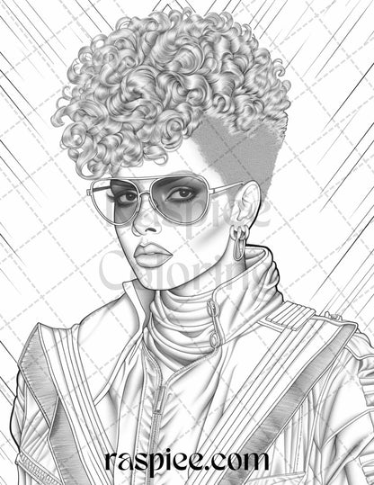 1980s New Wave Pop Star Grayscale Coloring Pages Printable for Adults, PDF File Instant Download