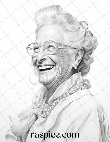 40 Fashionista Grandma Grayscale Coloring Pages Printable for Adults, PDF File Instant Download