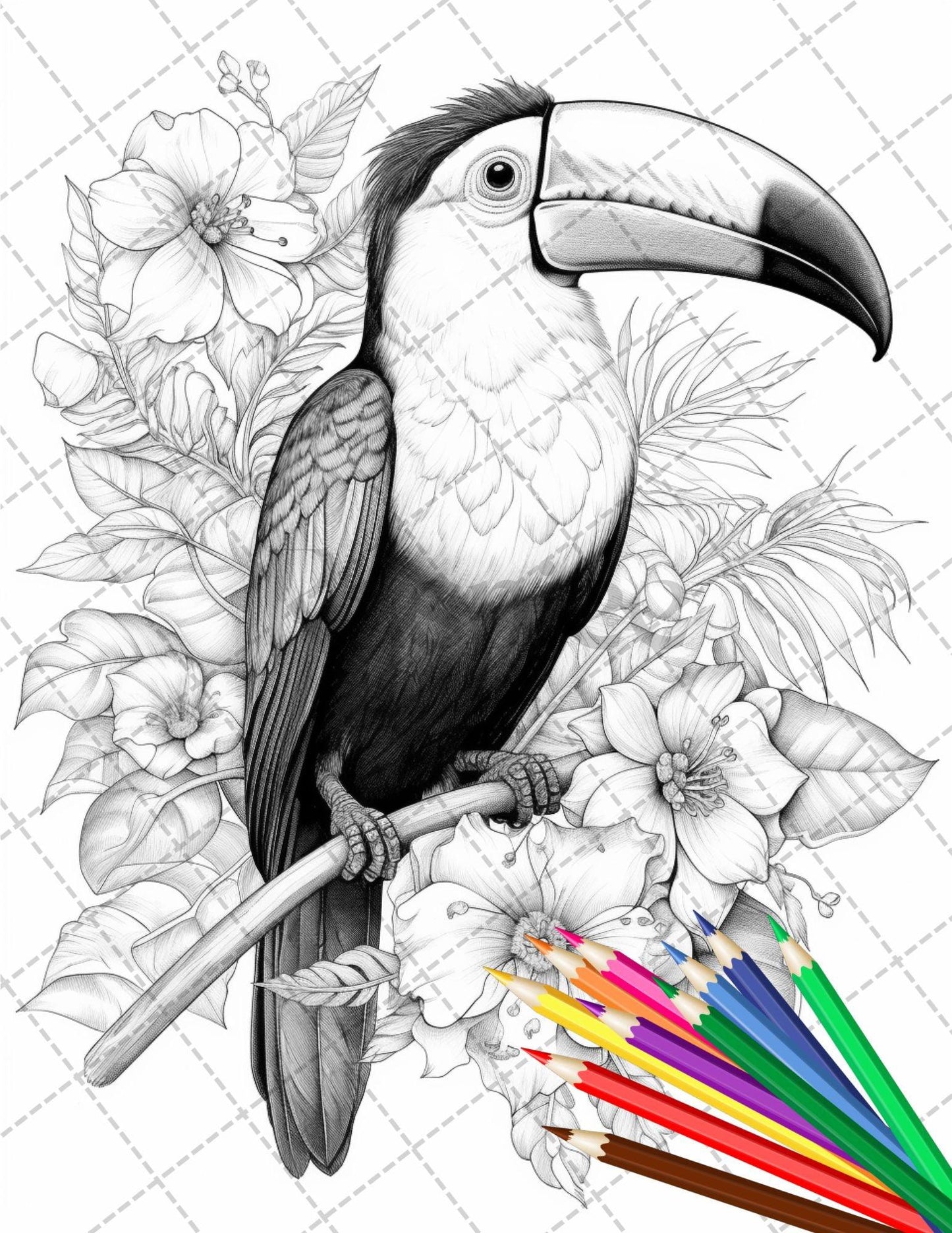 31 Tropical Birds Coloring Book for Adults, Grayscale Coloring Page, Printable PDF Instant Download