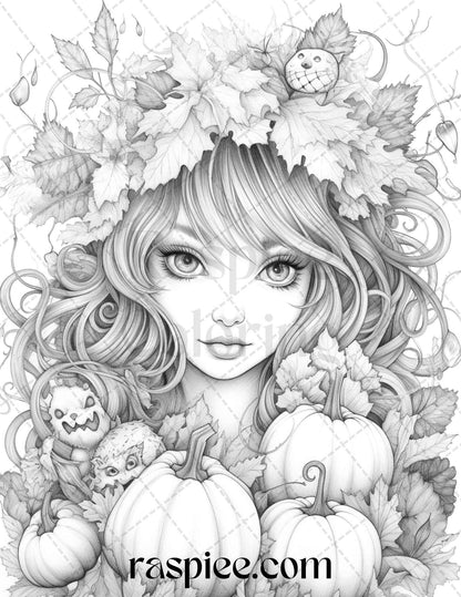 40 Pumpkin Fairy Girls Grayscale Coloring Pages Printable for Adults, PDF File Instant Download