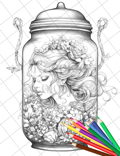 40 Beautiful Fairies in Jar Grayscale Coloring Pages Printable for Adults, PDF File Instant Download