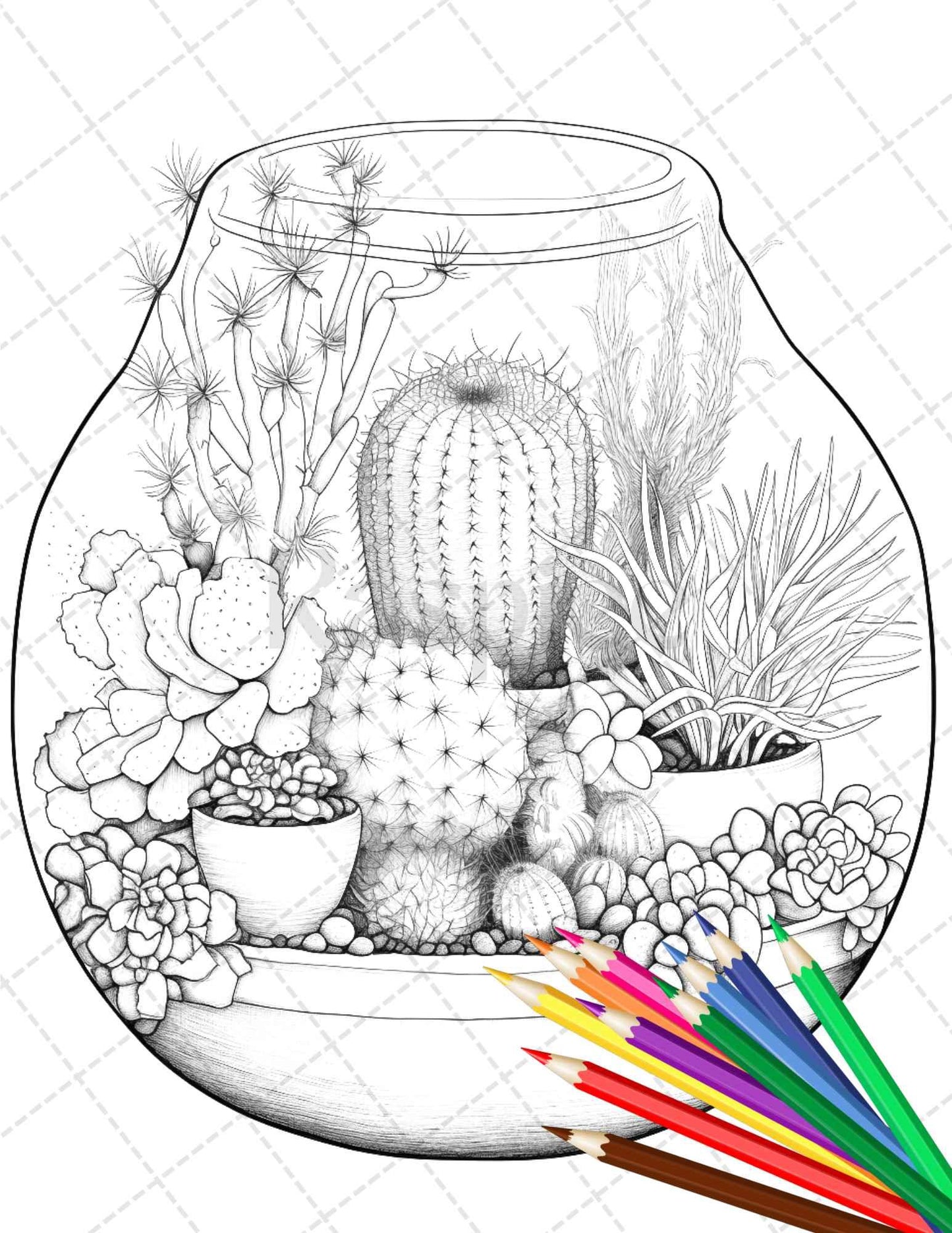 34 Enchanted Terrarium Grayscale Coloring Pages Printable for Adults, PDF File Instant Download