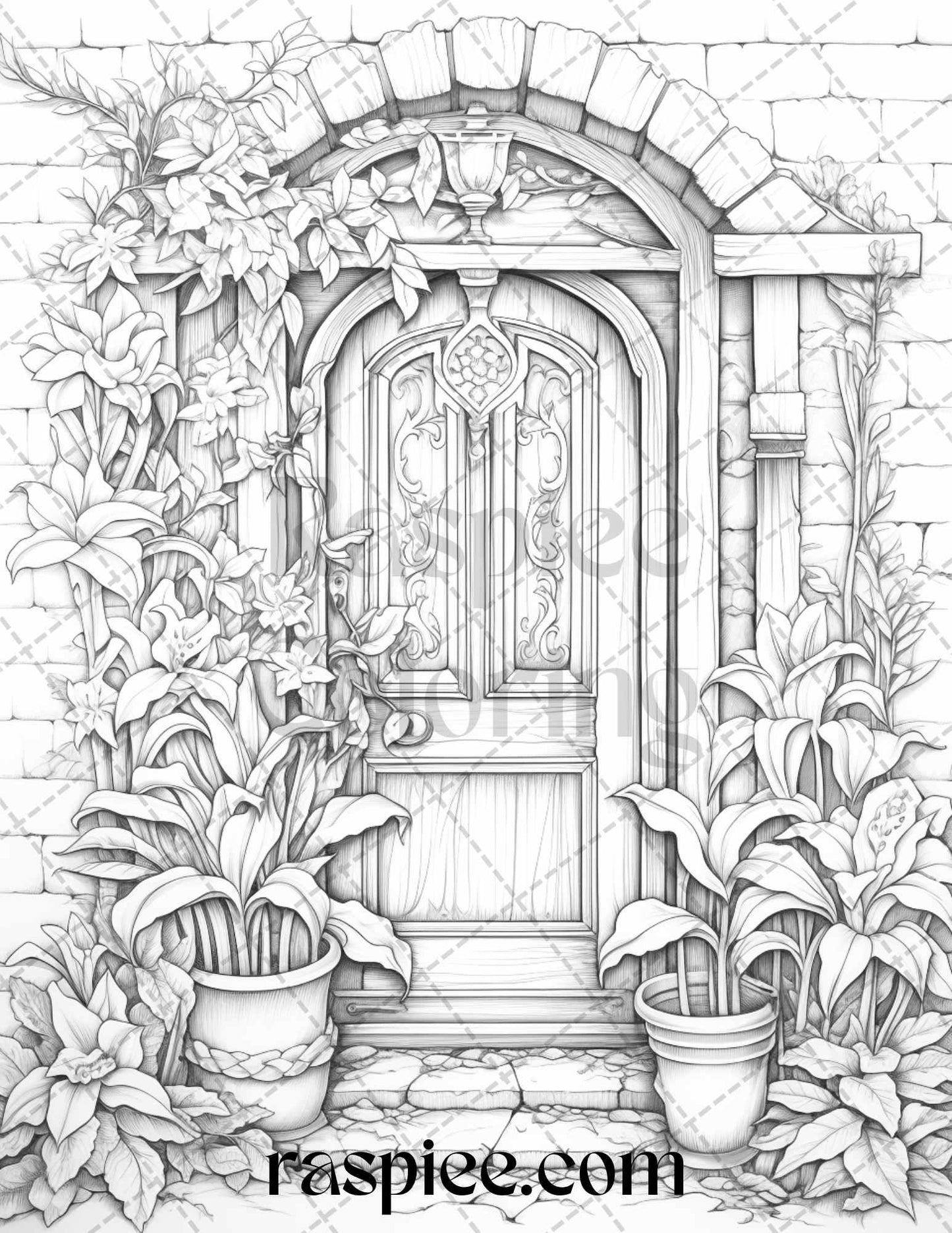 40 Flower Fairy Doors Grayscale Coloring Pages Printable for Adults, PDF File Instant Download