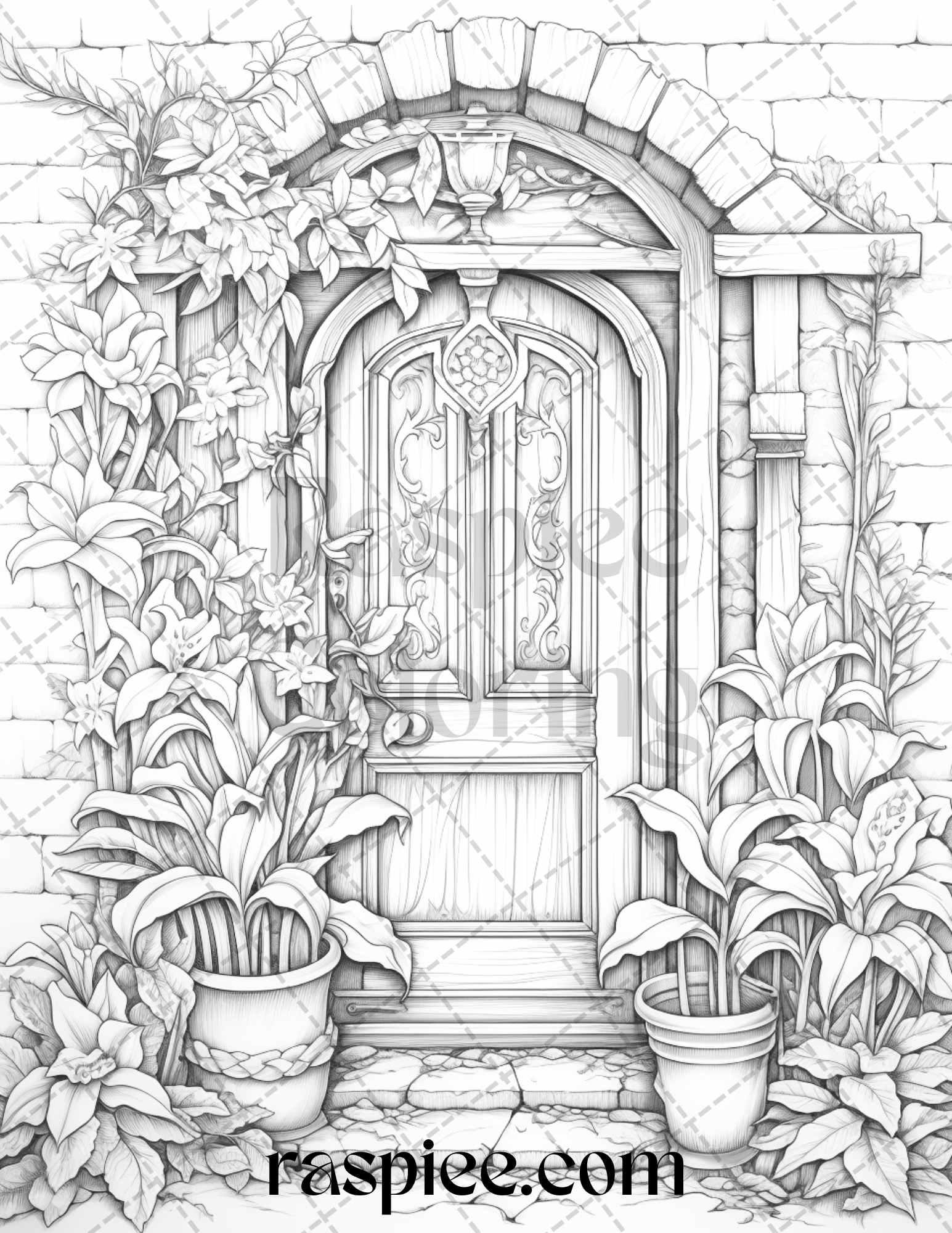 40 Flower Fairy Doors Grayscale Coloring Pages Printable for Adults, PDF File Instant Download