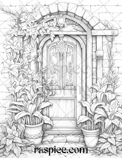 40 Flower Fairy Doors Grayscale Coloring Pages Printable for Adults, PDF File Instant Download