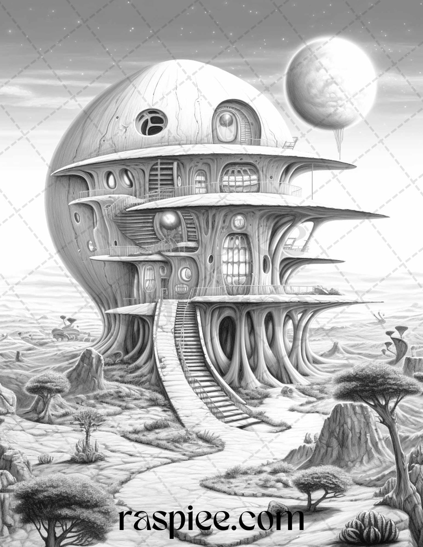 40 Alien Houses Grayscale Coloring Pages for Adults, Printable PDF File Instant Download