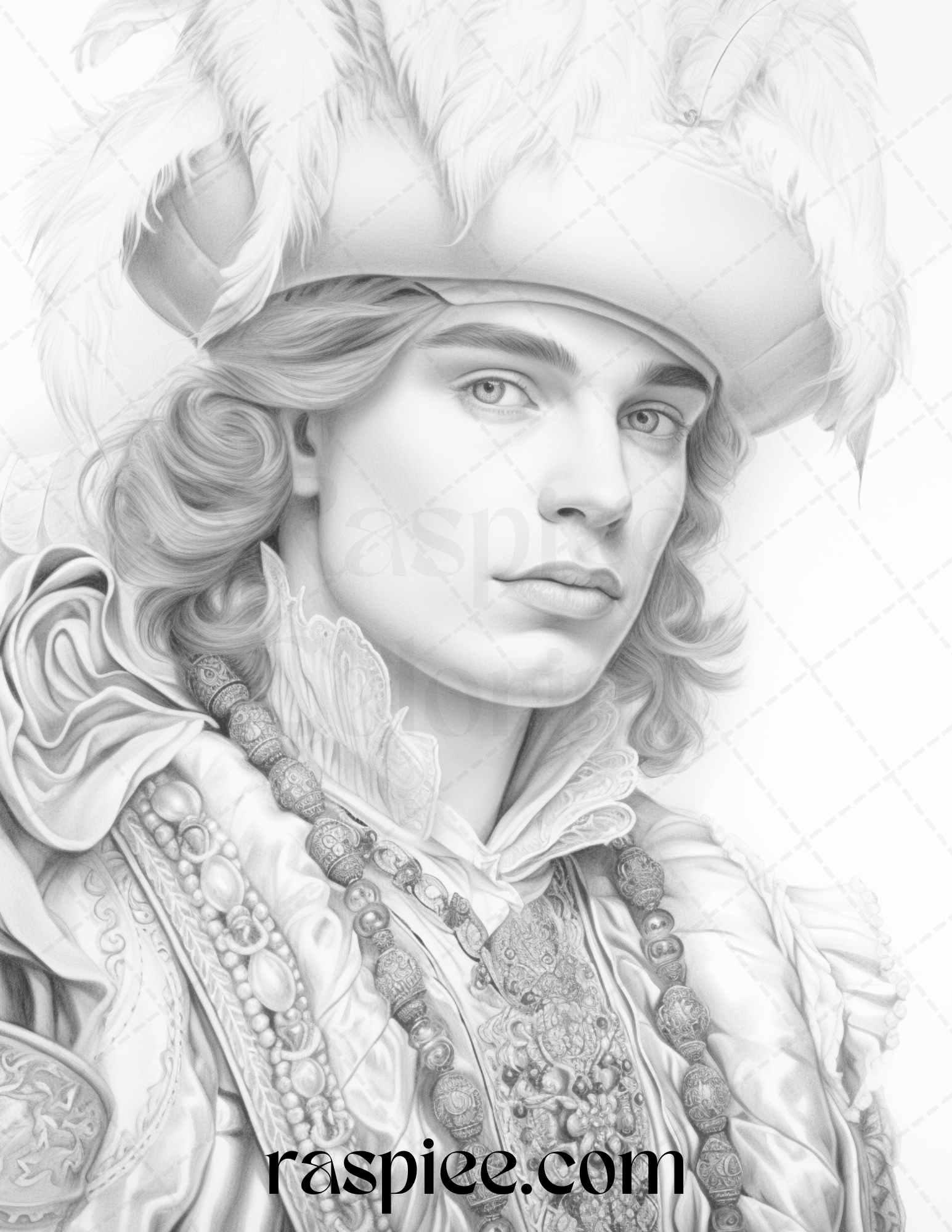 50 Baroque Man Portrait Grayscale Graysale Coloring Pages Printable for Adults, PDF File Instant Download