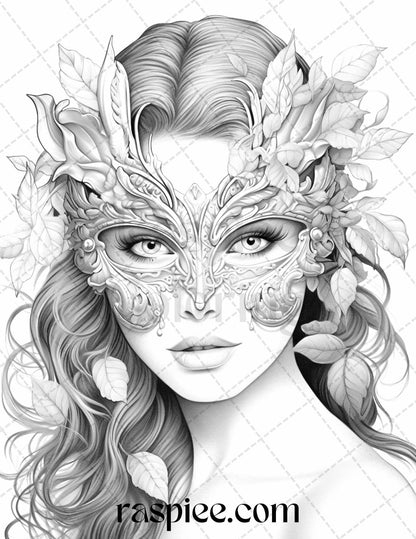 40 Masquerade Girls Grayscale Coloring Pages Printable for Adults, PDF File Instant Download