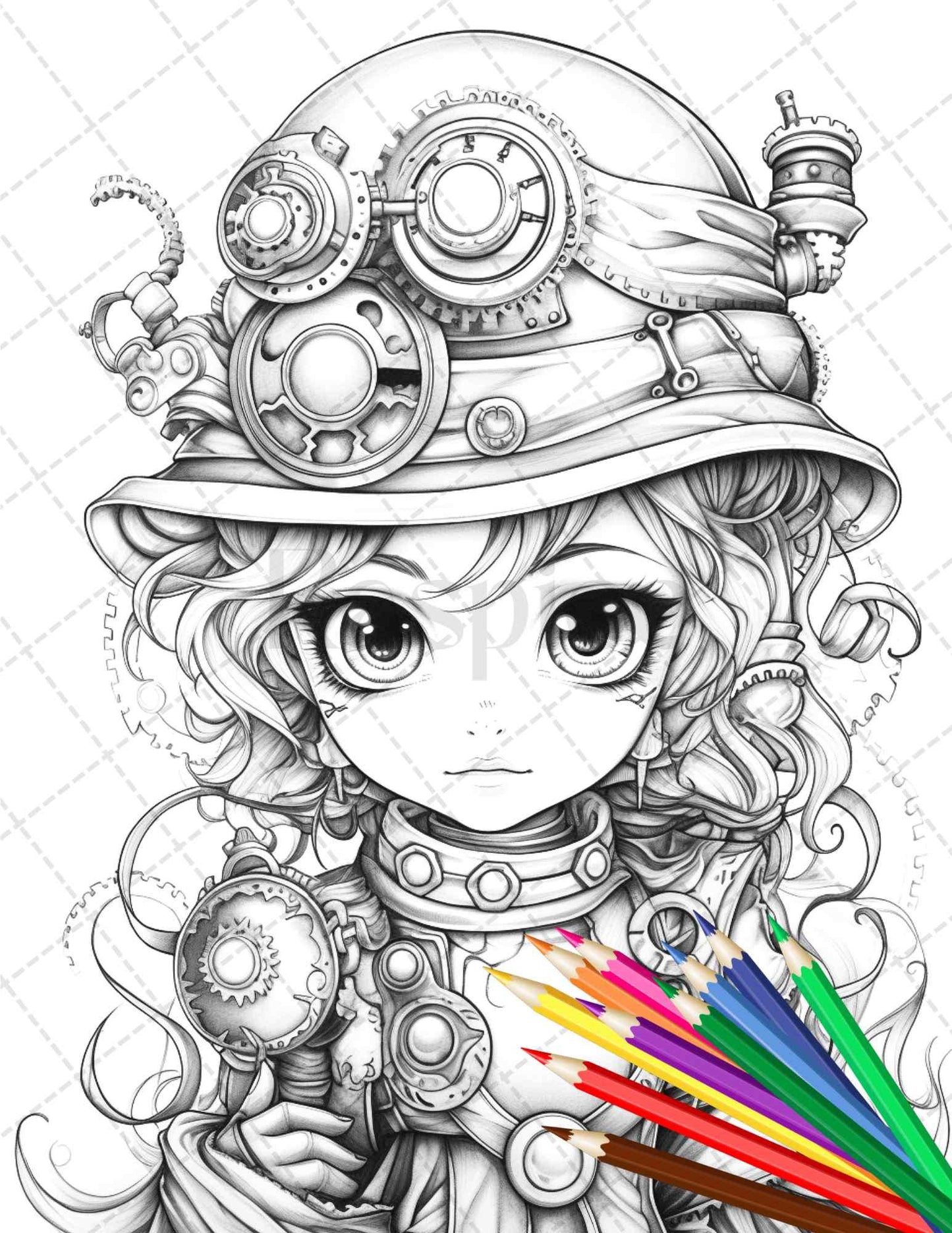 31 Adorable Steampunk Girls Coloring Pages Printable for Adults, Grayscale Coloring Page, PDF File Instant Download