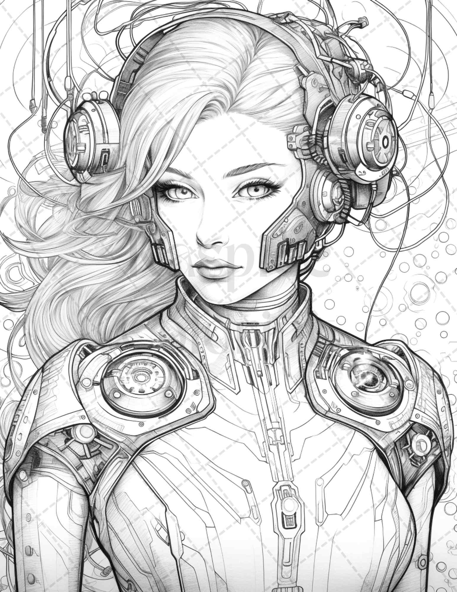 40 Beautiful Cyborg Girls Grayscale Coloring Pages Printable for Adults, PDF File Instant Download