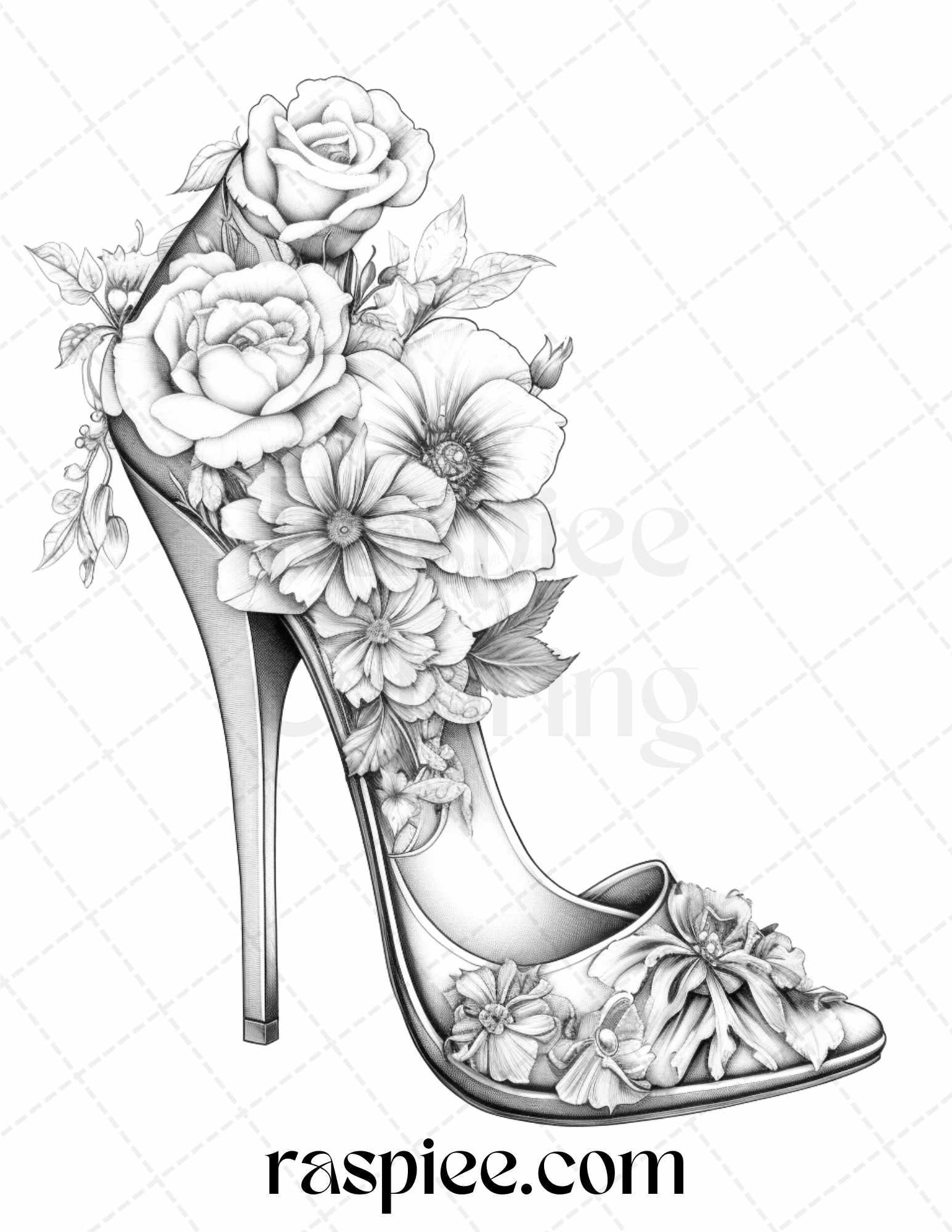 40 Flower Wedding Shoes Grayscale Coloring Pages Printable for Adults, PDF File Instant Download