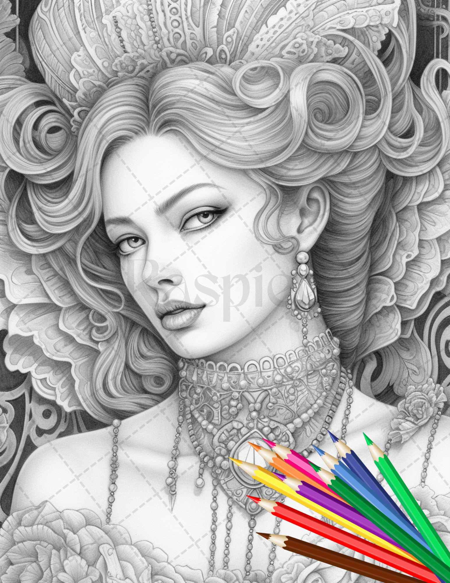 43 Beautiful Victorian Women Grayscale Coloring Pages Printable for Adults, PDF File Instant Download