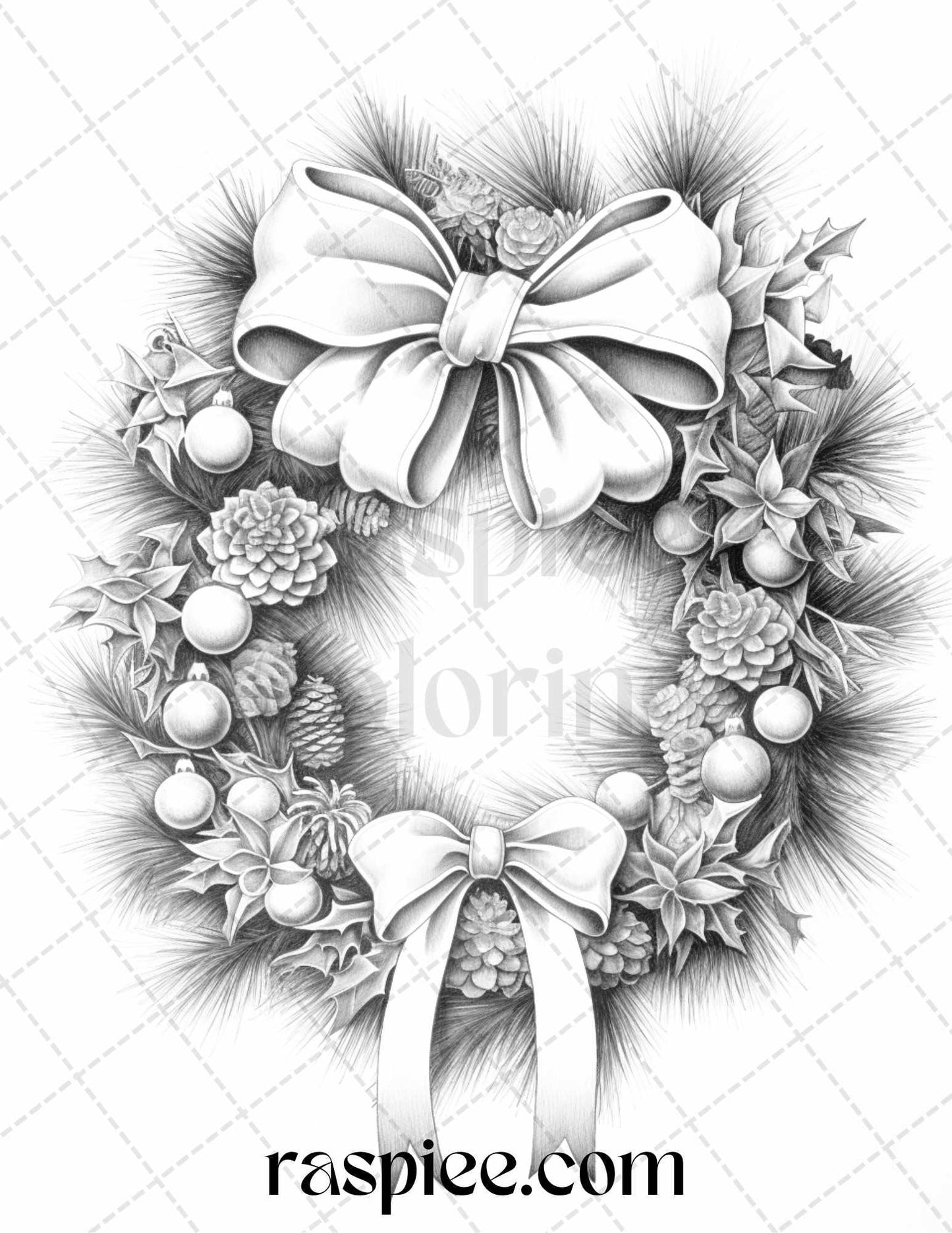 40 Christmas Wreath Grayscale Coloring Pages Printable for Adults, PDF File Instant Download