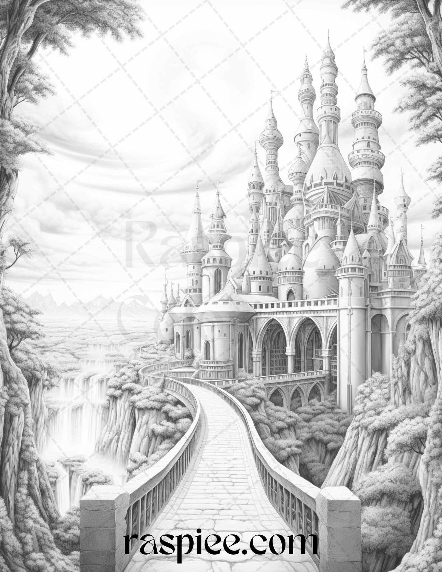 40 Fantasy Landscapes Grayscale Coloring Pages Printable for Adults, PDF File Instant Download