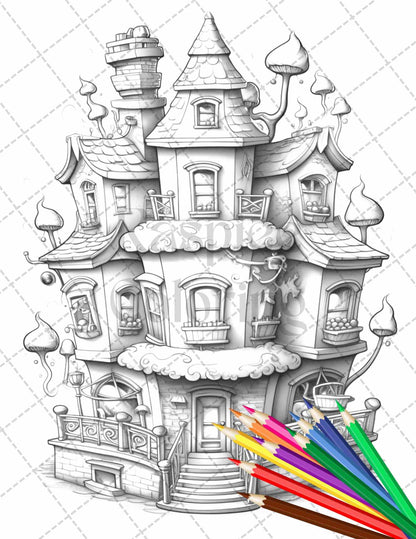 50 Adorable Cake Houses Grayscale Coloring Pages Printable for Adults and Kids, PDF File Instant Download