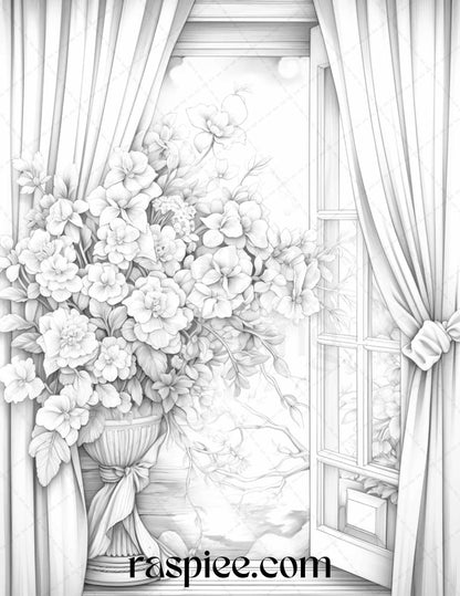 50 Blooming Windows Grayscale Coloring Pages Printable for Adults, PDF File Instant Download