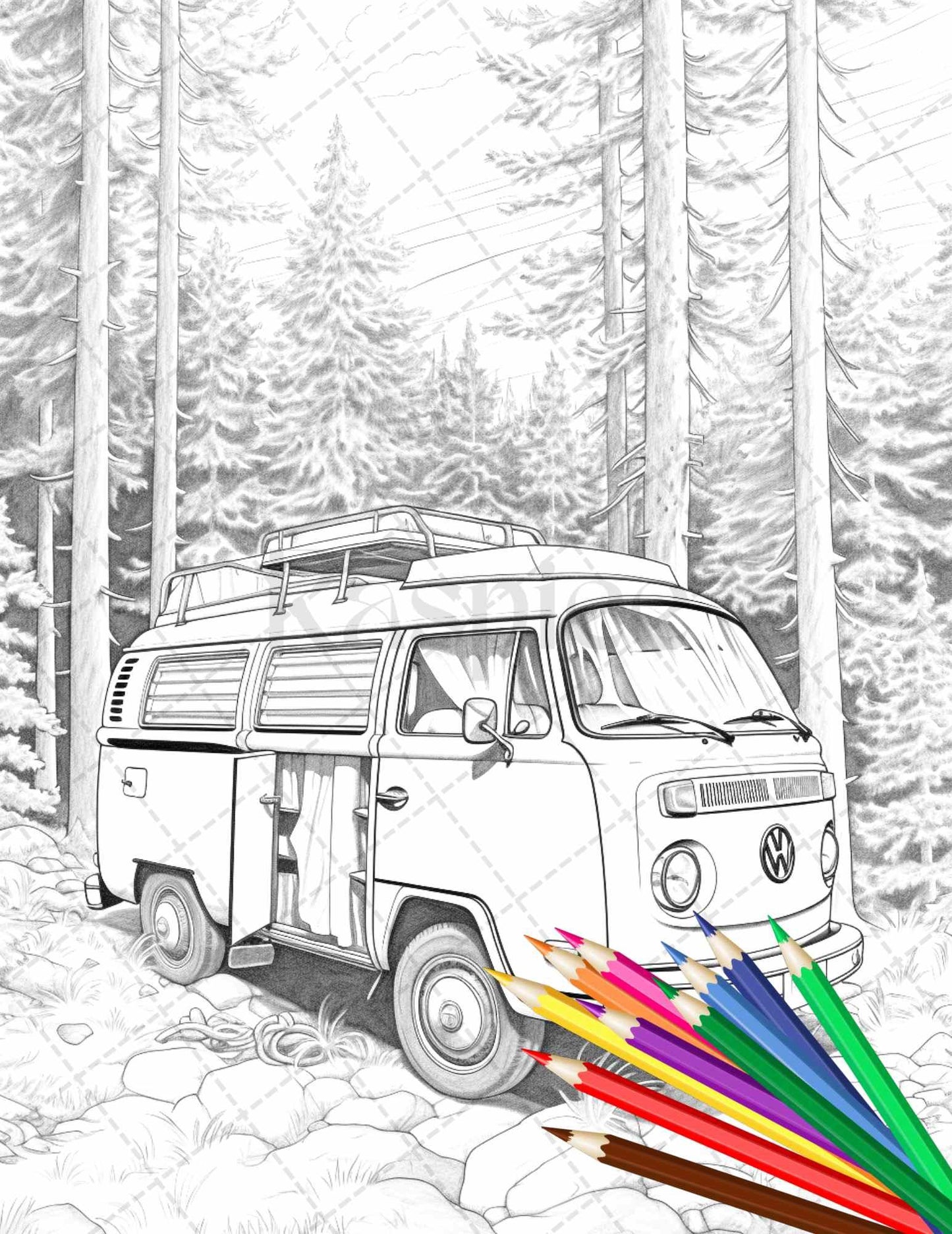 30 Campervan Adventure Grayscale Coloring Pages Printable for Adults, PDF File Instant Download