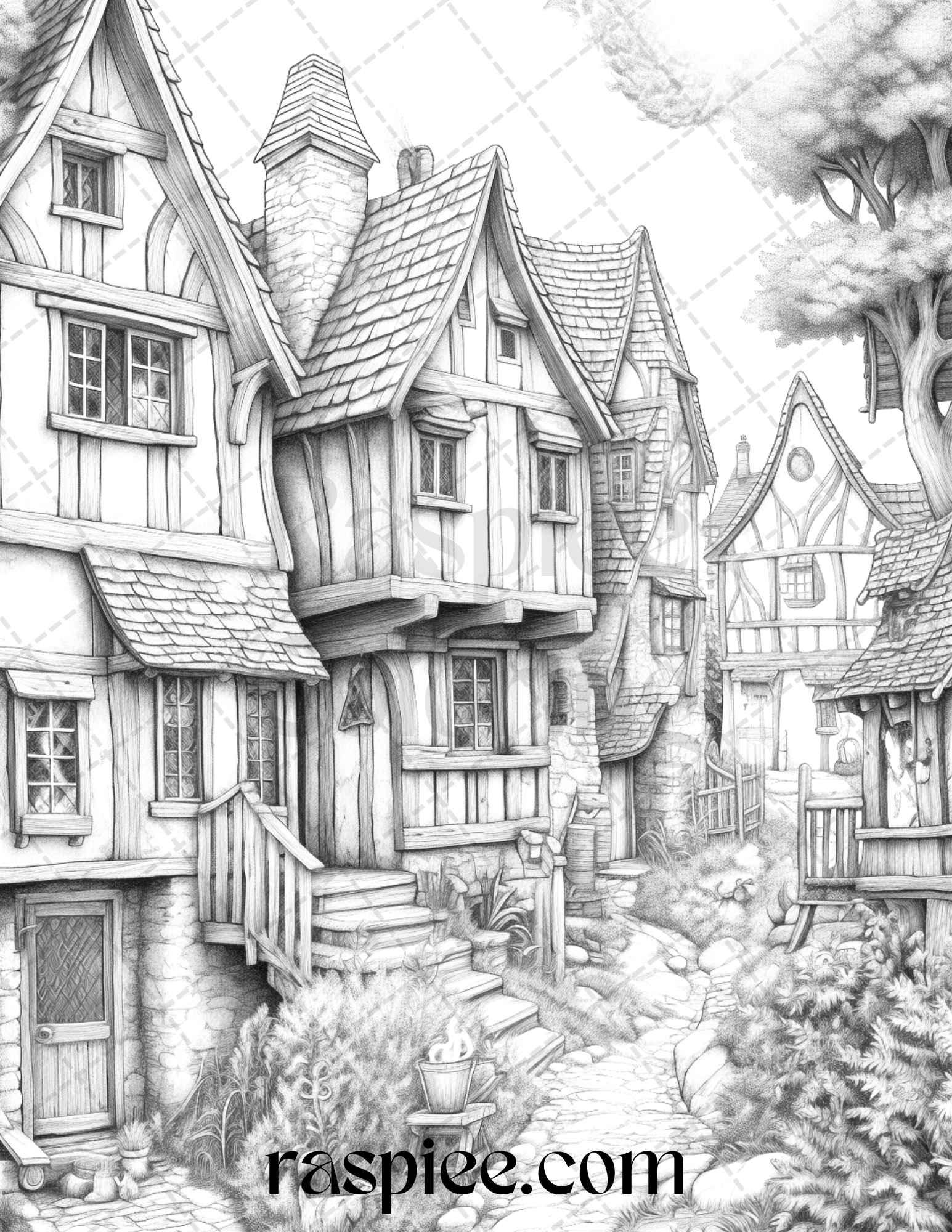 40 Fantasy Village Grayscale Coloring Pages Printable for Adults, PDF File Instant Download