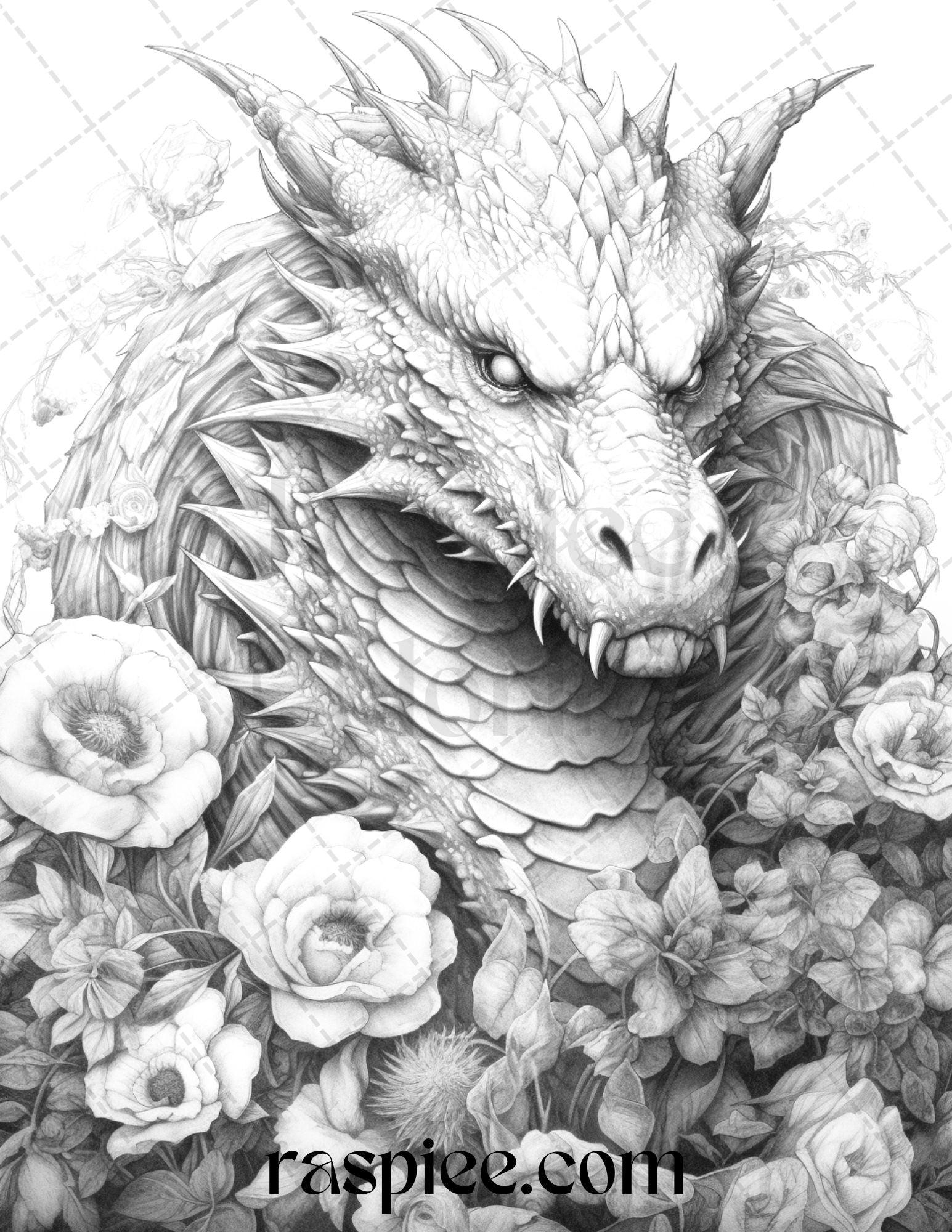 40 Flower Dragon Grayscale Coloring Pages Printable for Adults, PDF File Instant Download