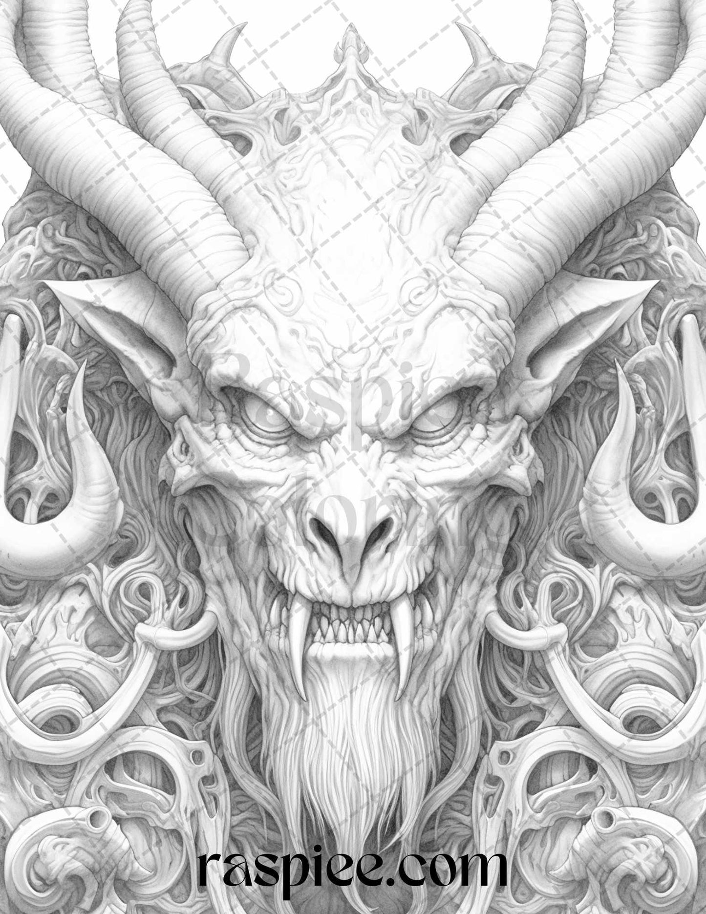 43 Fantasy Demons Grayscale Coloring Pages for Adults, Printable PDF File Instant Download