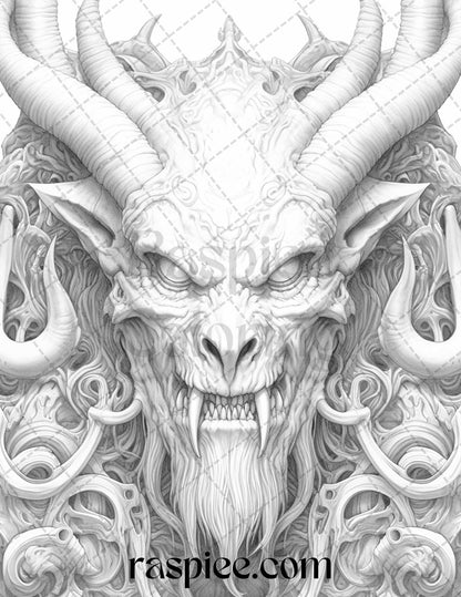 43 Fantasy Demons Grayscale Coloring Pages for Adults, Printable PDF File Instant Download