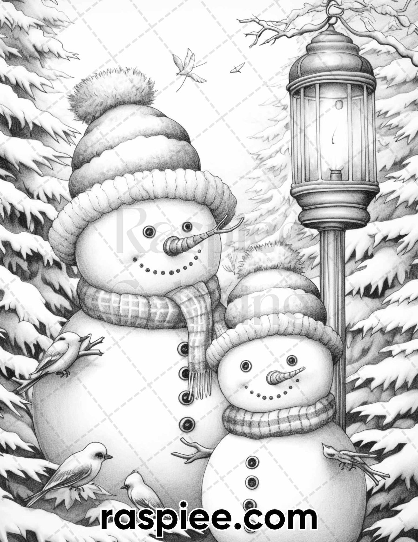 40 Chistmas Snowman Grayscale Coloring Pages for Adults, Printable PDF Instant Download