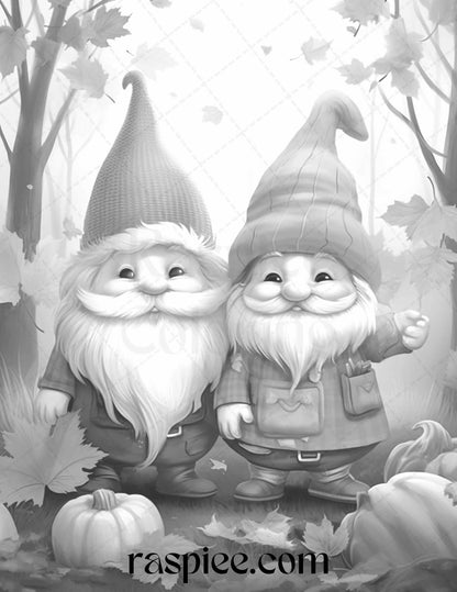 40 Fall Gnomes Grayscale Coloring Pages Printable for Adults Kids, PDF File Instant Download