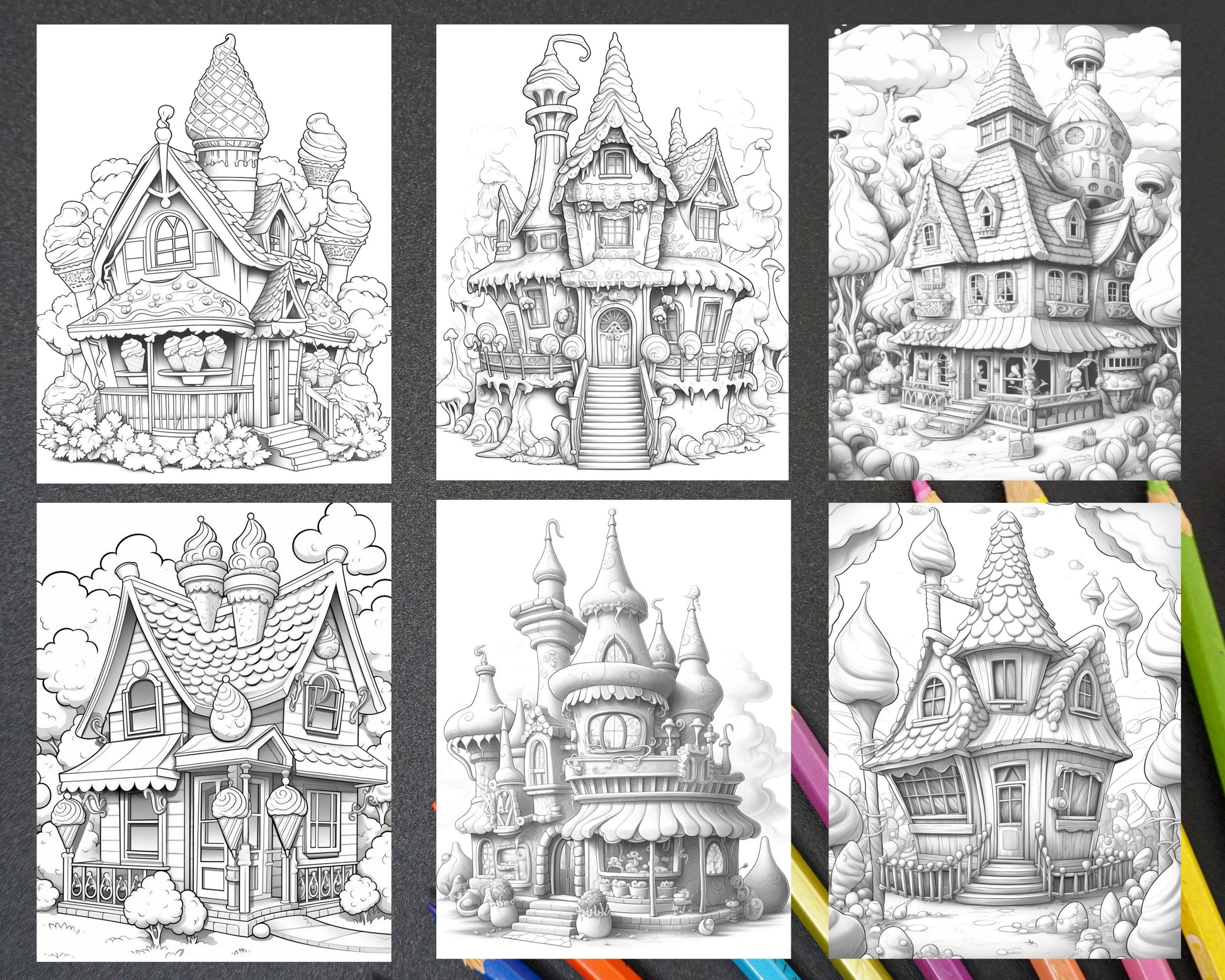 33 Ice Cream Houses Grayscale Coloring Pages Printable for Adults and Kids, PDF File Instant Download