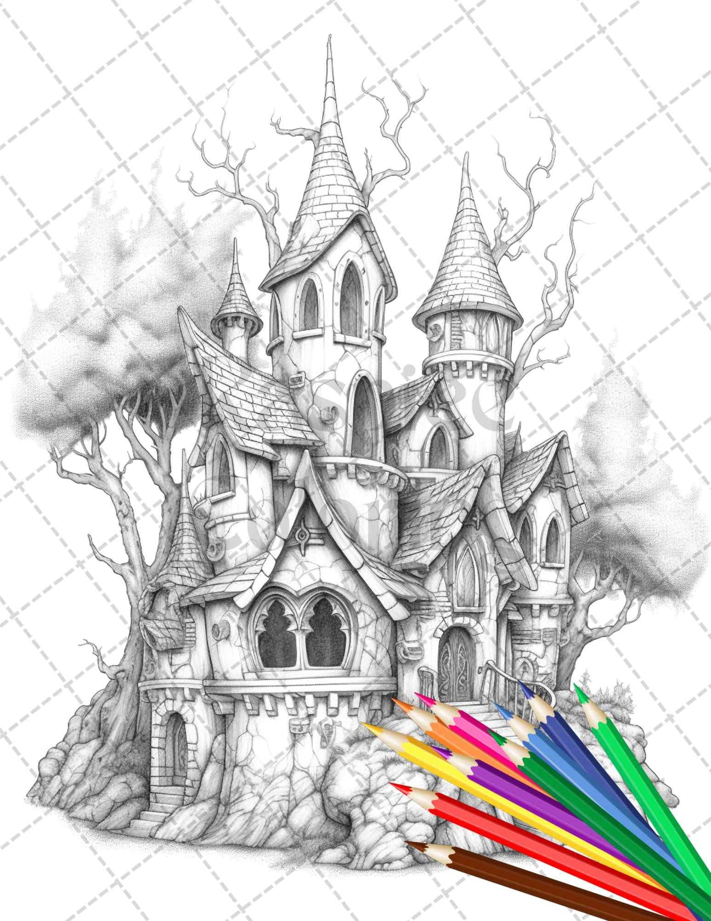 40 Creepy Gothic Houses Grayscale Coloring Pages Printable for Adults, PDF File Instant Download