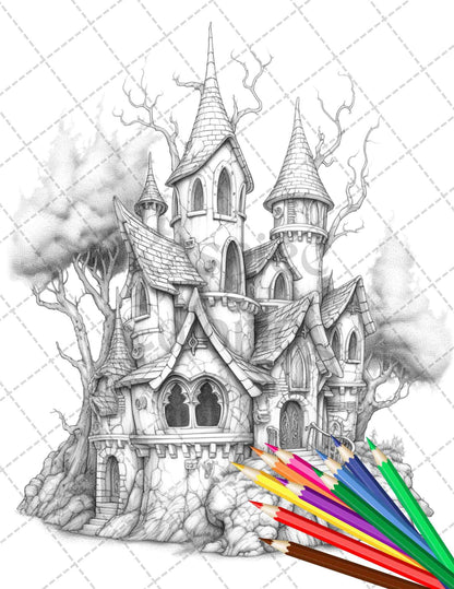 40 Creepy Gothic Houses Grayscale Coloring Pages Printable for Adults, PDF File Instant Download