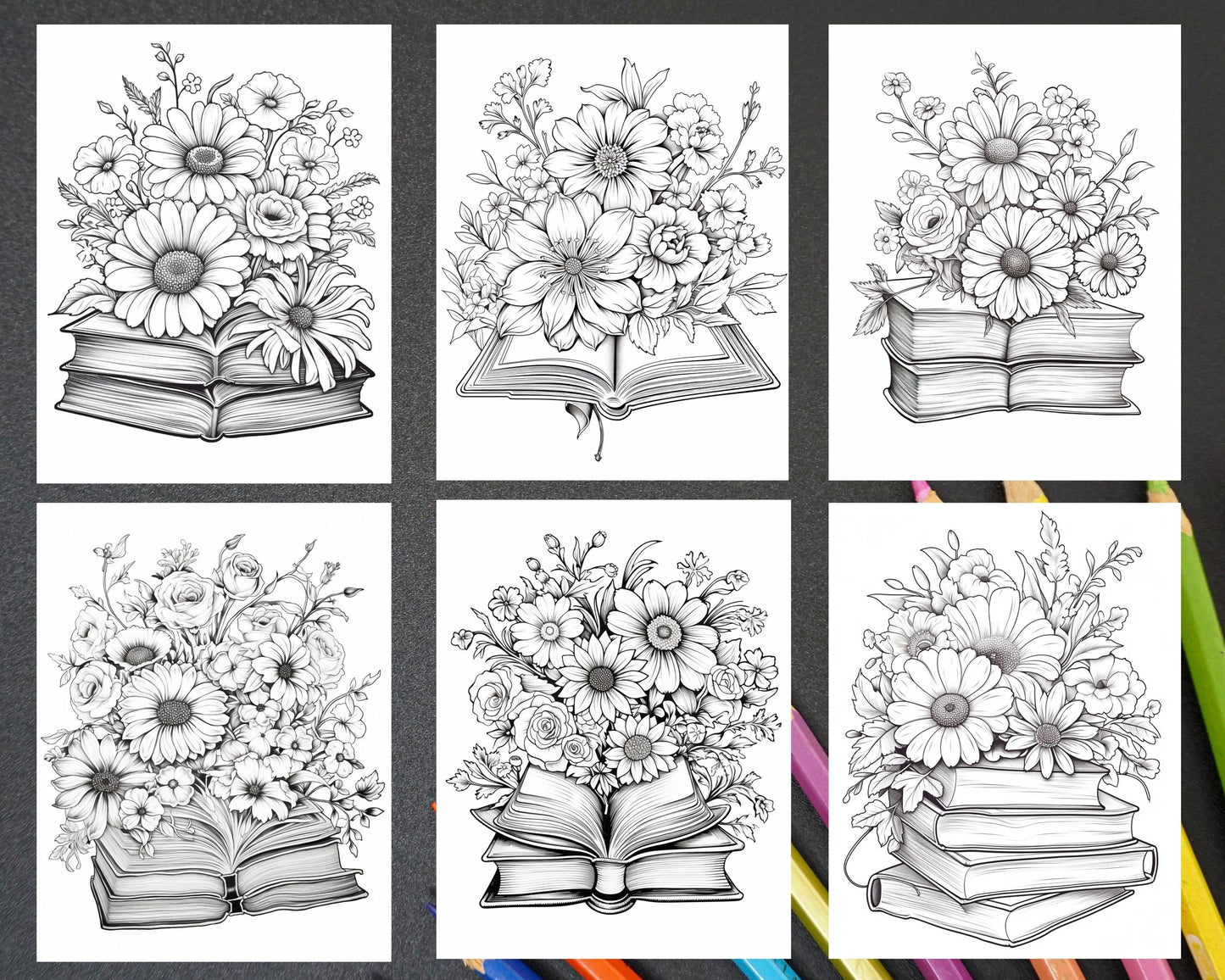 31 Book Flowers Coloring Pages Printable for Adults, Grayscale Coloring Page, PDF File Instant Download