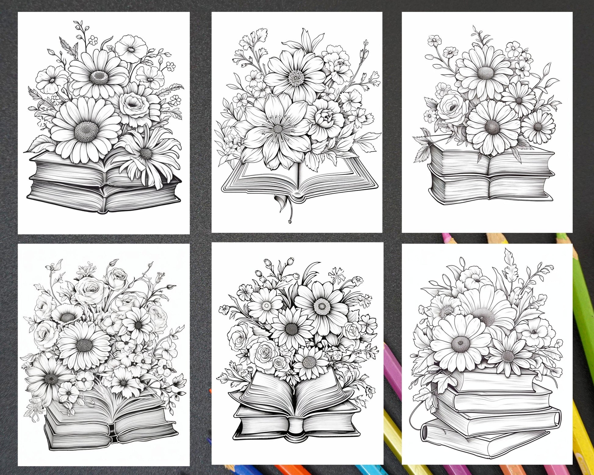 31 Book Flowers Coloring Pages Printable for Adults, Grayscale Coloring Page, PDF File Instant Download