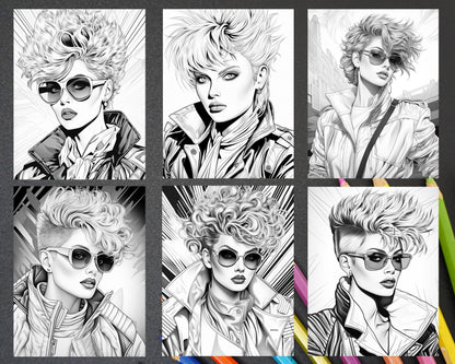 1980s New Wave Pop Star Grayscale Coloring Pages Printable for Adults, PDF File Instant Download