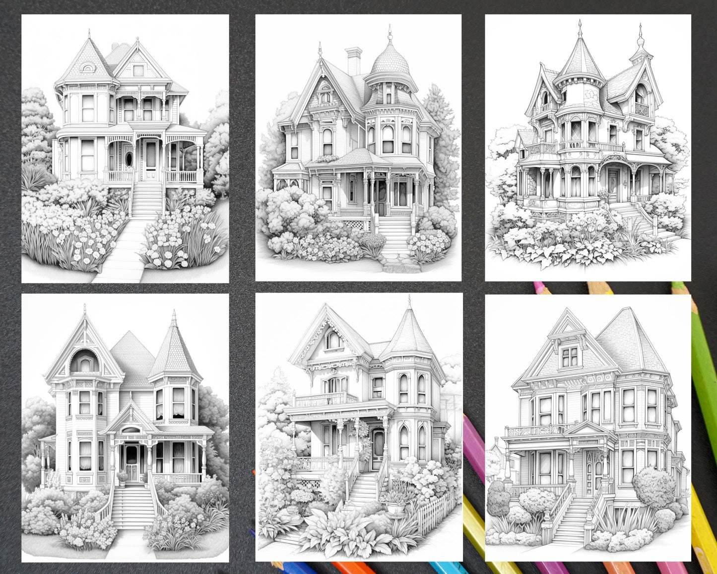 40 Victorian Houses Grayscale Coloring Pages Printable for Adults, PDF File Instant Download