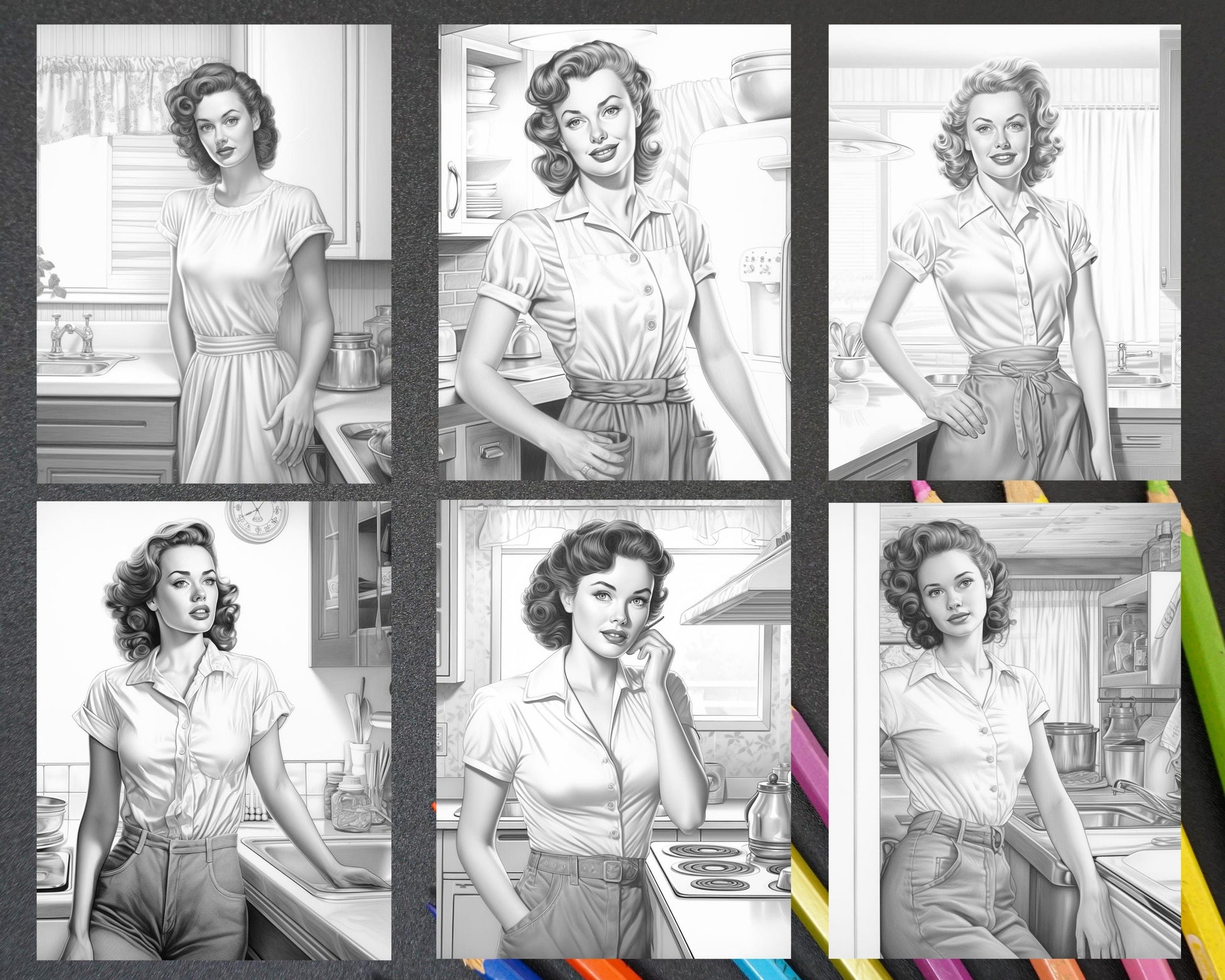 40 Retro Housewives Grayscale Coloring Pages for Adults, Printable PDF File Instant Download